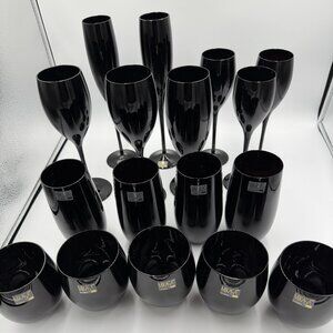 Vtg. Mikasa Elite Black Amethyst Lead Crystal Asst. Stemware-NEW Pristine set/17